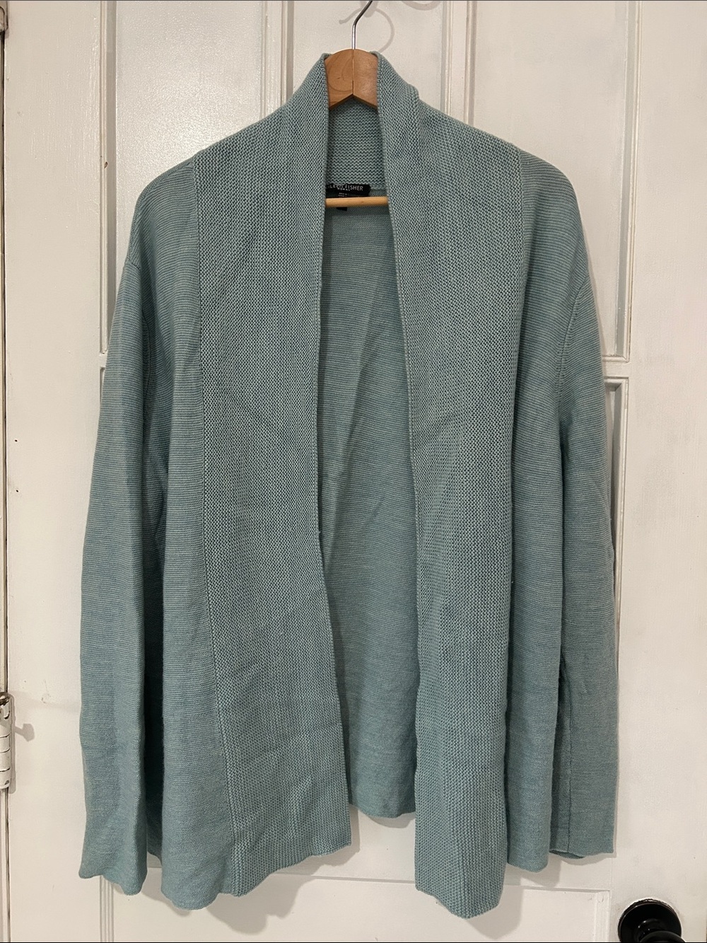 Eileen Fisher Merino Wool Open Front Cardigan Sweater in Seafoam Blue/Green 1X